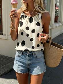 SHEIN PariChic Women's Polka Dot Pattern Loose Casual Vintage Tank Top Picnic Vacation Black White Summer - Multicolor - View 5