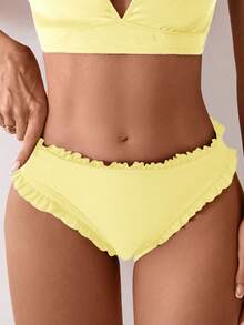 SHEIN Swim 女款夏季海灘純色荷葉邊三角比基尼內褲 - 鵝黃色 - 查看 4
