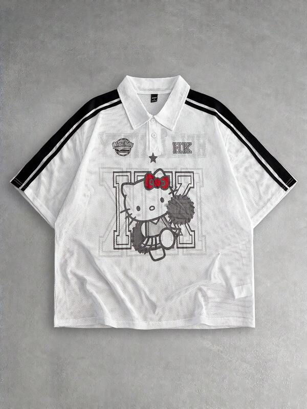 ROMWE MEN HELLO KITTY AND FRIENDS | ROMWE Men's Cartoon Print Striped Short Sleeve Casual Polo Shirt