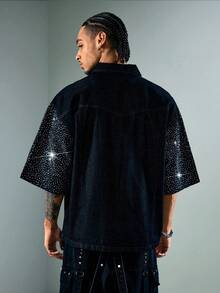 ROMWE MEN Street Life Chaqueta vaquera con cierre de hebilla de avión y solapa oblicua para hombres - Azul - Ver 3