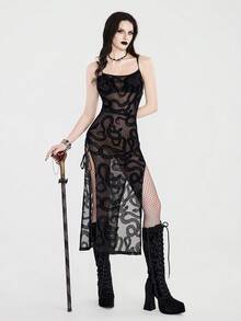 Breakform Gaun Maxi Slim Fit Gaya Gothic Gelap Musim Panas Wanita, Desain Belahan Samping dengan Tali Pengikat, Kain Jala Jacquard Berbulu Motif Ular, Tali Bahu Tipis - Hitam - View 1