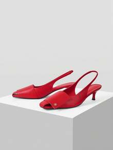 Mnmlis Kitten And Pointed Shoes, Femininity Sexy Square Buckle Back Strap Shoes, Low Vamp Cat And Sandals. - Red - View 4