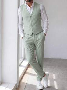 Manfinity Mode Men's Plus-Size Solid Colour Suit Waistcoat And Trouser Set For Weddings, Men's Formal Attire - Green - View 4