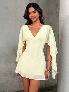 Aloruh Women's Deep V-Neck Cinched Waist Boning Umbrella Hem Mini Dress - Yellow - View 3