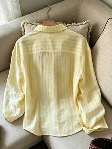 Franclia Women's Loose Casual Cotton Blend Yellow & White Striped Shirt - Multicolor - View 2