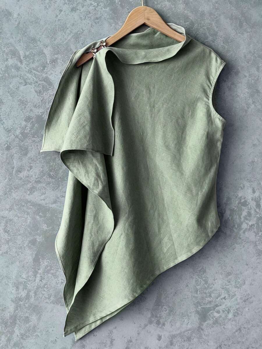 Franclia 女款翻領不對稱下擺亞麻感背心上衣,優雅休閒度假風襯衫 - 薄荷綠 - 查看 1