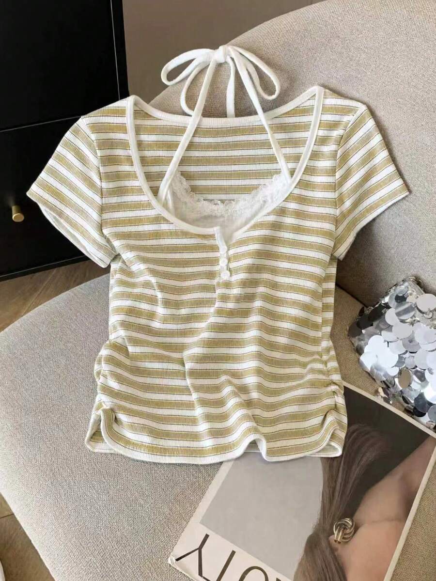 Resyla 女款條紋短袖鈕扣設計 2 合 1 掛脖式 T-shirt - 黃色 - 查看 1
