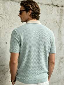 TONEVAULT Men's Fashion Textured Button Half-Placket Short Sleeve Knit Top Vacation Sage Green Autumn Casual - Light Grey - View 2