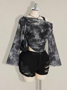 SHEIN ICON 大尺碼女款紮染圖案休閒百搭 2 合 1 T恤 - 黑色 - 查看 9