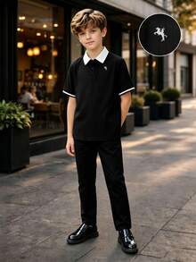 Tween Boy Gentleman Two-Piece Black Minimalist Color-Block Polo Collar Short Sleeve And Long Pants Set For Birthday Party School Wedding Autumn - Black - View 5