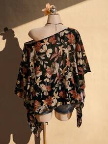 SHEIN ICON 女款大尺碼楓葉圖案不對稱單肩披肩上衣 - 彩色 - 查看 2