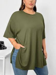 SHEIN CURVE+ Plus Size Women's Solid Color Round Neck Drop Shoulder Loose Casual T-Shirt Club Formal Army Green Summer - Army Green - View 5