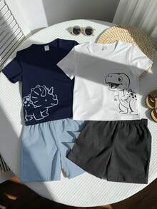 SHEIN 小男孩可愛卡通恐龍素描印花撞色簡約剪影4件套：圓領短袖T恤&短褲，休閒舒適百搭，柔軟面料，適合日常穿著、外出、戶外、假期、派對、夏季海灘度假，春/夏 - 彩色 - 查看 4