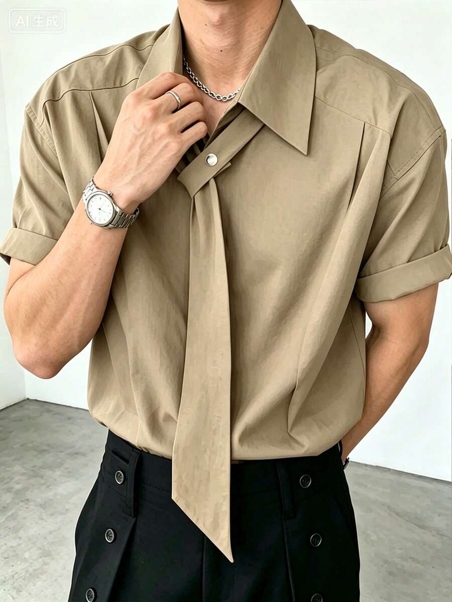 Airaco Kemeja Lengan Pendek Polos Kasual Pria dengan Dasi - Khaki - View 1