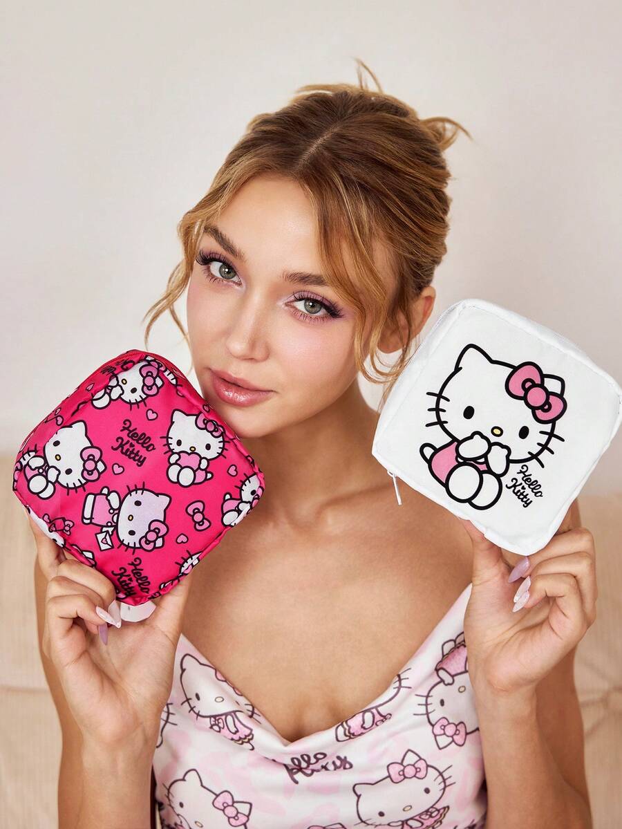 HELLO KITTY AND FRIENDS | SHEIN 1件/套 Kitty主題拉鍊收納包，多功能儲物袋，適用於衛生棉、電子產品、化妝品和小物品，便攜旅行收納包，適合女性與卡通愛好者 - 粉白色 - 查看 1