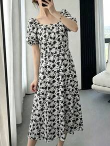 Tideelle Floral Print Square Neck Ruched Bust Elegant Short Sleeve Dress - White - View 2