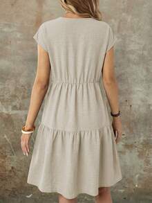 EMERY ROSE Spring/Summer Casual Everyday Outing Faux Linen Green Short Sleeve Round Neck Mid-Length Dress For Women - Silver - View 3