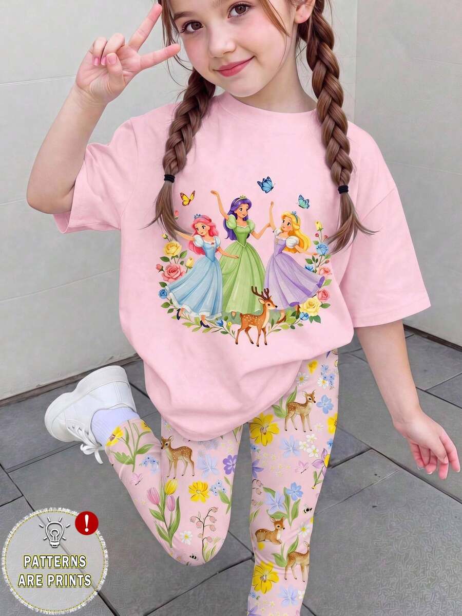 SHEIN 1套女童休閒舒適時尚可愛甜美卡通公主圖案與花卉印花短袖T恤及印花內搭褲套裝,粉紅色,適合春/夏外出、假期、學校、生日及其他場合 - 彩色 - 查看 1