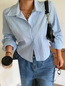 Dazy Plus Loose Casual Striped Collar Long Sleeve Blue Plus Size Women's Shirt, Spring Summer Autumn - Blue - View 2