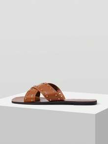 Mnmlis Women's Rivet Inlaid Simple Recreational Vehicle Line Design Flat Bottom Texture Flat Bottom Sandals - Brown - View 5