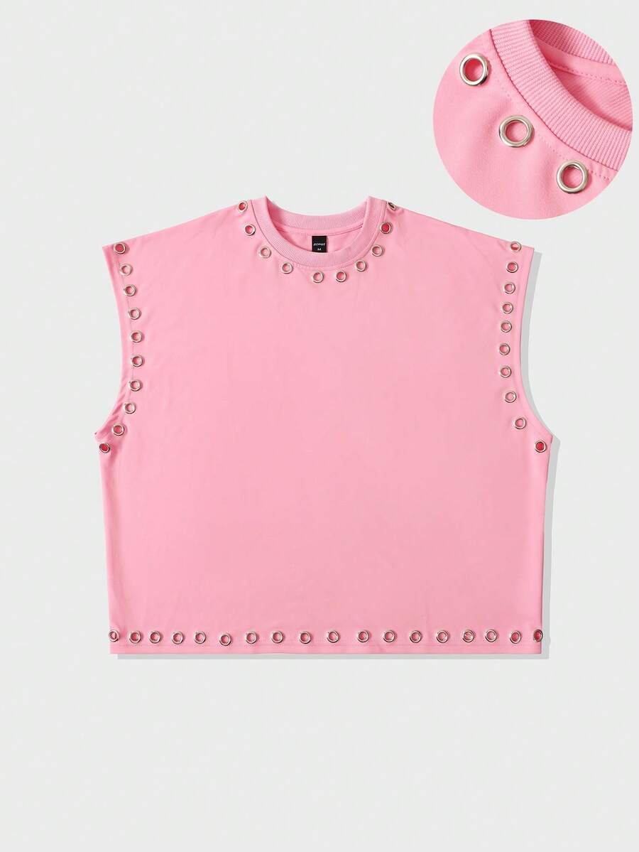 ROMWE MEN Men's Metal Eyelet Solid Color Round Neck Loose Fit Tank Top - Pink - View 1