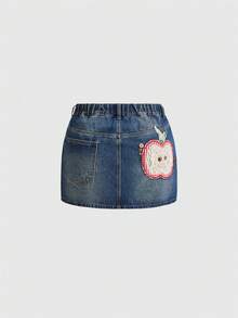 ROMWE Kawaii Vintage Cute Pastoral Plaid Apple Button Embroidered Ultra Low Waist Mini Denim Skirt - Blue - View 1