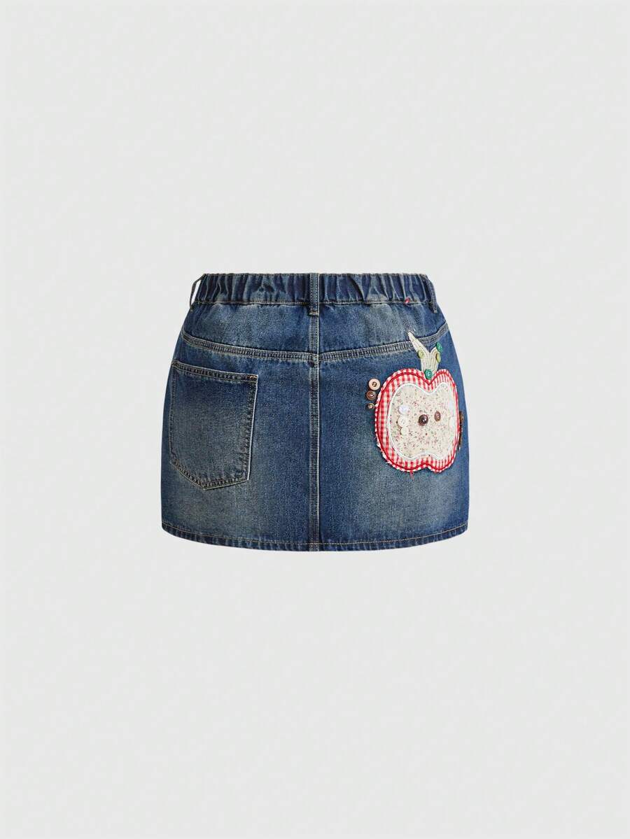 ROMWE Kawaii Vintage Cute Pastoral Plaid Apple Button Embroidered Ultra Low Waist Mini Denim Skirt - Blue - View 1