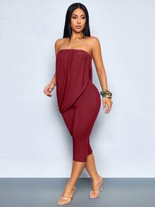 SOLERSUN Mono Capri Ajustado con Hombros Descubiertos, Drapeado y Fruncido para Mujer, Conjunto Casual de Verano 2 en 1 para Salir, Mono Asimétrico con Hombros Descubiertos y Drapeado de Verano Y2K para Mujer, Conjunto de 2 Piezas de Pantalones Capri Ajustados para Club, Fiesta y Vacaciones, Mono de Verano 2025 para Mujer con Hombros Descubiertos, Fruncido, Drapeado y Bajo Asimétrico, Conjunto Casual de Pantalones Capri Ajustados para Salir - Rojo - View 7