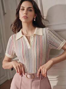 Anewsta Essential 女款夏季彩色條紋 Polo 領短袖上衣，可愛休閒設計 - 杏色 - 查看 1