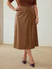 MOTF PREMIUM PLUS SIZE WOMEN'S PU LEATHER ELEGANT FASHIONABLE METAL DECOR WRAP HEM SKIRT FALL - Khaki - View 2