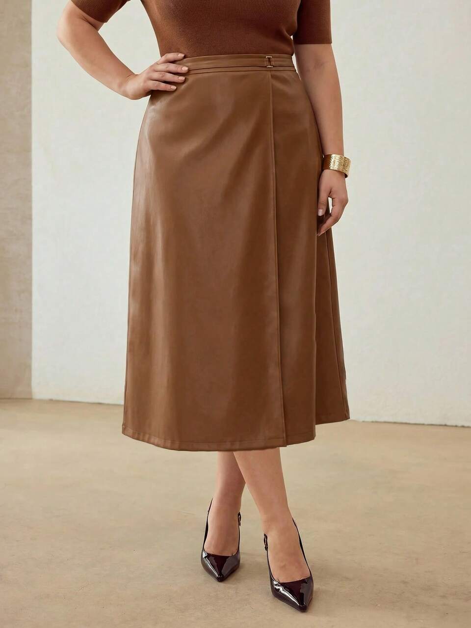 MOTF PLUS SIZE WOMEN'S PU LEATHER ELEGANT FASHIONABLE METAL DECOR WRAP HEM SKIRT FALL