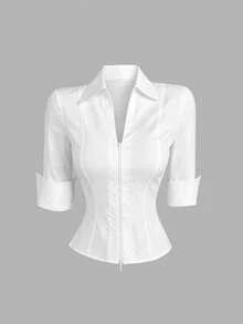 Sweetra Blusa de mujer nueva de algodón puro blanco, minimalista, corte ajustado, para oficina y desplazamientos, elegante, estilo de alta inteligencia, diseño de doble cremallera, manga corta y cuello en V - Blanco - Ver 4