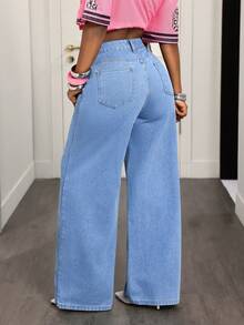 Slaydiva Celana Panjang Denim Biru Lebar Wanita Gaya Jalanan Luar Ruangan Kancing Depan Banyak Saku Modis - Medium Wash - View 3