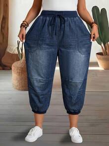 SHEIN CURVE+ Curve+ Plus Size Women's Wide Elastic Drawstring Waist Navy Blue Loose Baggy Cuffed Denim Joggers Multi Pocket Casual Summer Pants Vacation Date Night - Medium Wash - View 5