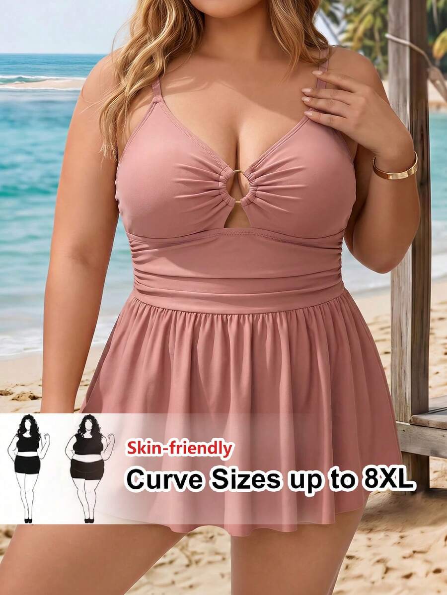 SHEIN CURVE+ Plus Size Women's Solid Color Ruched Spaghetti Strap Swim Dress, Suitable For Summer Vacation And Beach Orange Sexy - Dusty Pink - View 1