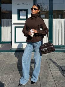 Muchica Chaqueta gabardina de moda versátil para mujer con cuello alto, diseño de lazo en la cintura y unicolor - Marrón Chocolate - Ver 6
