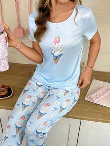 SweetSlumber Sweet Cute Ice Cream Print Short Sleeve Long Pants Women's Pajama Set Lounge Light Blue Summer - Multicolor - View 5