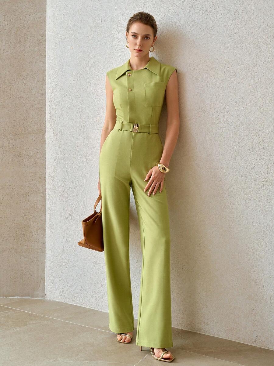 MOTF PREMIUM COLLARED HALF BUTTON SLEEVELESS JUMPSUIT - Green - View 1