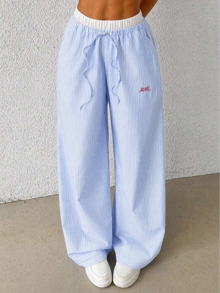 NEON BLANC Men's Slate Blue Striped Wide Leg Pants, Embroidered Drawstring Waist - Blue - View 1