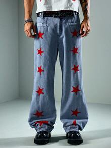 ROMWE MEN Street Life Men's Star Pattern Button Zipper Low Waist Straight Leg Jeans - Blue - View 6