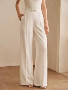 Anewsta Pantaloni da donna bianchi, pantaloni estivi moderni alla moda versatili di colore unito con cintura decorativa, pantaloni lunghi a gamba larga morbidi, pantaloni da completo da donna, abbigliamento da donna per celebrazioni di giugno - Bianco - Visualizzare 1