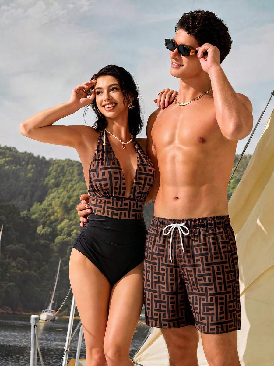 Manfinity VDAYZ 男士休閒幾何印花沙灘短褲,適合度假 - 彩色 - 查看 1