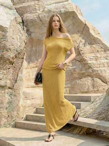 MOTF PREMIUM WOMEN SOLID ASYMMETRICAL SHOULDER SLIM WAIST KNIT TOP KNIT SKIRT SET GOLF PASTAL SEXY - Ginger - View 1