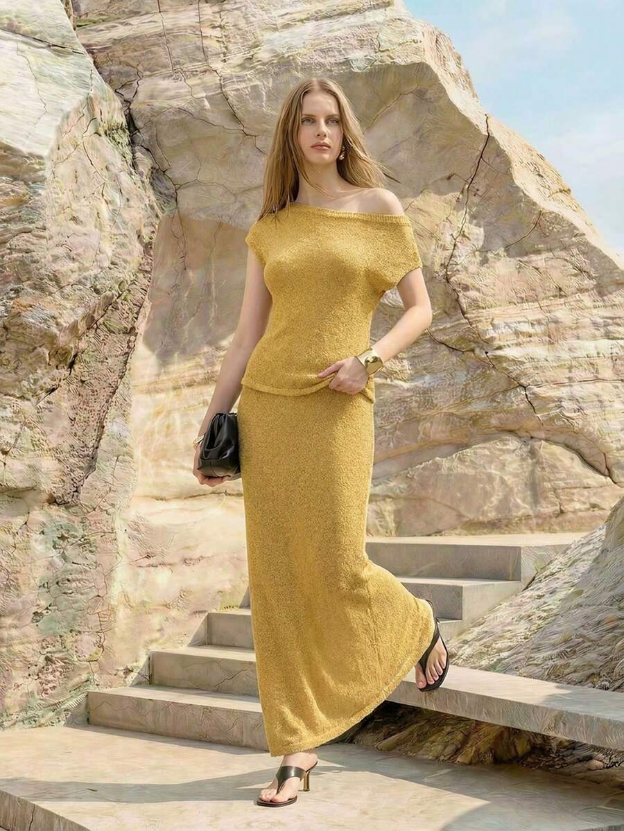 MOTF PREMIUM WOMEN SOLID ASYMMETRICAL SHOULDER SLIM WAIST KNIT TOP KNIT SKIRT SET GOLF PASTAL SEXY - Ginger - View 1