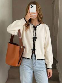 SHEIN 少女針織V領長袖秋冬開襟衫 - 白色 - 查看 3