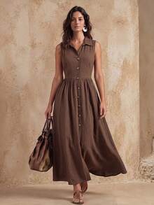 Faunlyn Women's Summer Casual 70s 2000s Solid Color Front Button Sleeveless Dress Vacation Coffee Brown - Brown - View 9
