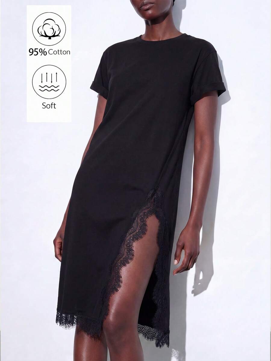 Lumivelle Spring/Summer New Women's Pure Cotton Lace Patchwork High Slit Waist-Cinching T-Shirt Dress, Daily Wear Design Solid Color Fitted Round Neck Roll Cuff