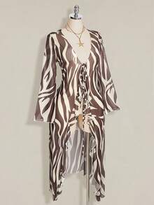 SHEIN ICON 女款大尺碼斑馬紋V領休閒百搭日常上衣 - 棕色 - 查看 4