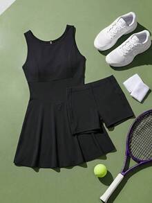 Cheerettes Women's Solid Black Minimalist Pleated Athleisure Sports Dress And Shorts Set, All Season Athletic Modest Style For Gym Tennis Workout & Going Out - Black - View 2
