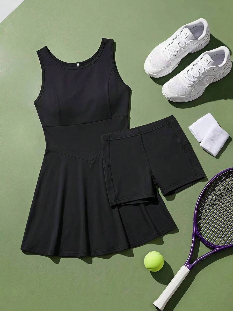Cheerettes Women's Solid Black Minimalist Pleated Athleisure Sports Dress And Shorts Set, All Season Athletic Modest Style For Gym Tennis Workout & Going Out